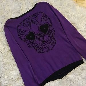 SOURPUSS PURPLE SUGAR SKULL BOW CARDIGAN
